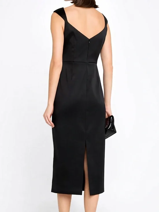 🆕✨ Aidan Mattox Adrianna Papell Black Satin Sheath Dress Midi Size 16 Classic - Picture 3 of 17